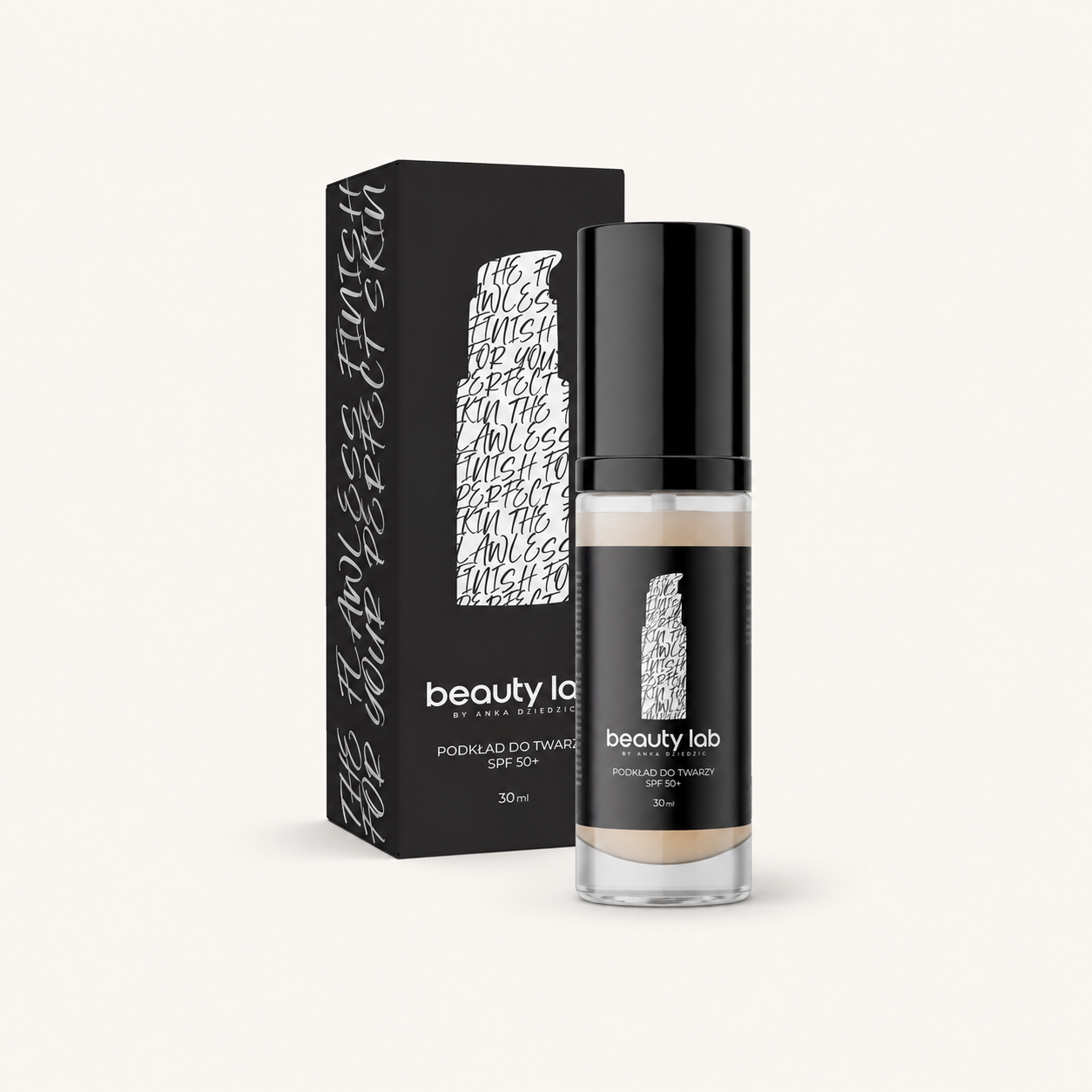 BeautyLab Podkład do Twarzy SPF 50+ – 03 Sand, butelka i kartonik