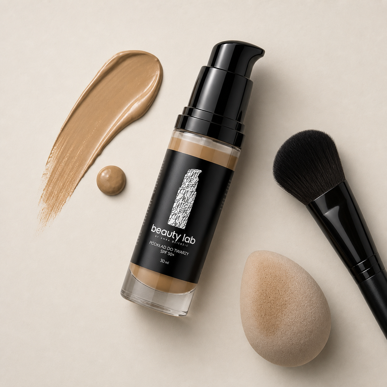 BeautyLab Podkład 03 Sand – wizualizacja z pędzlem, gąbką i smugą podkładu