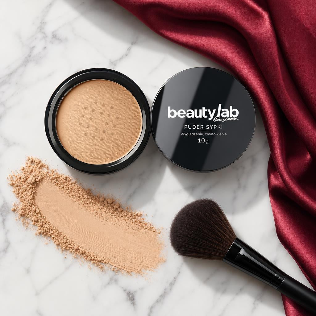 BeautyLab Puder Sypki — flat lay z pędzlem i swatchem pudru