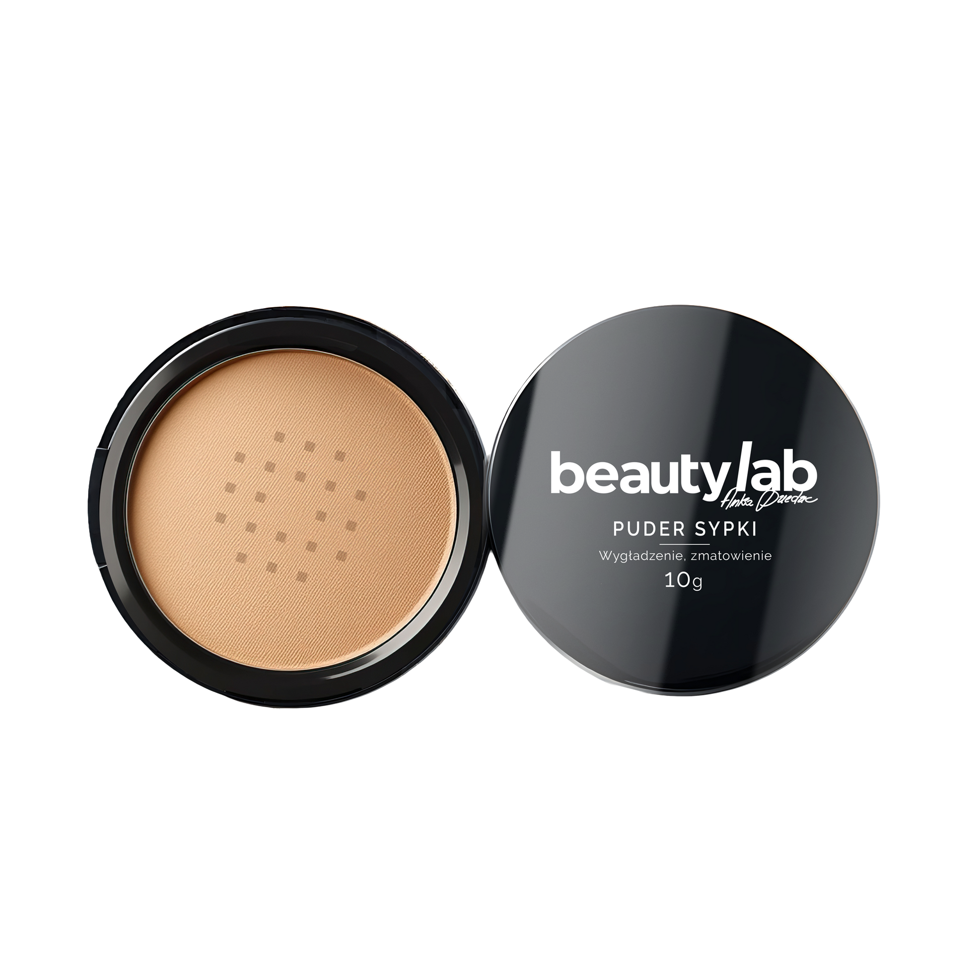 BeautyLab Puder Sypki — packshot, otwarte opakowanie z sitkiem i wieczkiem