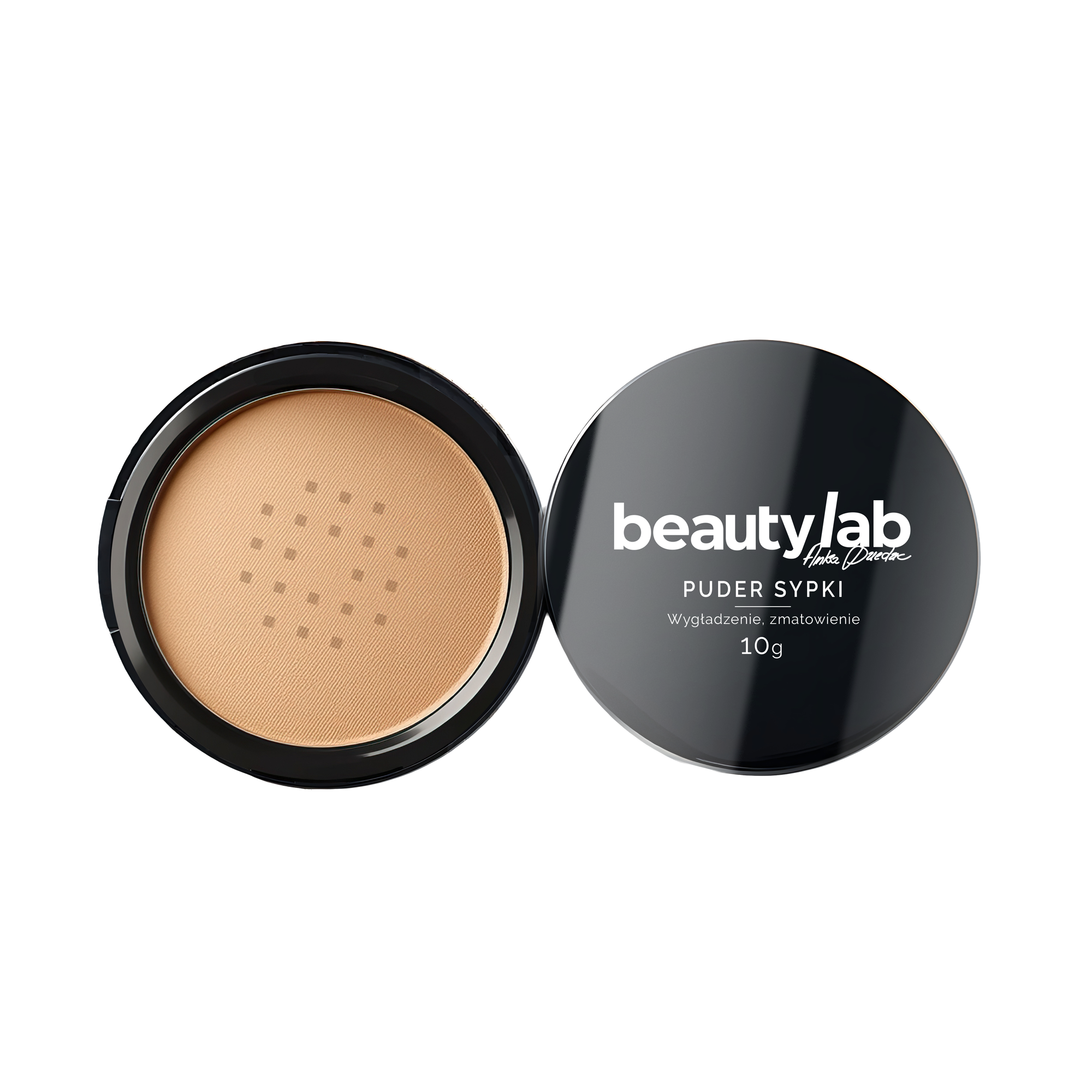 BeautyLab Puder Sypki — packshot, otwarte opakowanie z sitkiem i wieczkiem