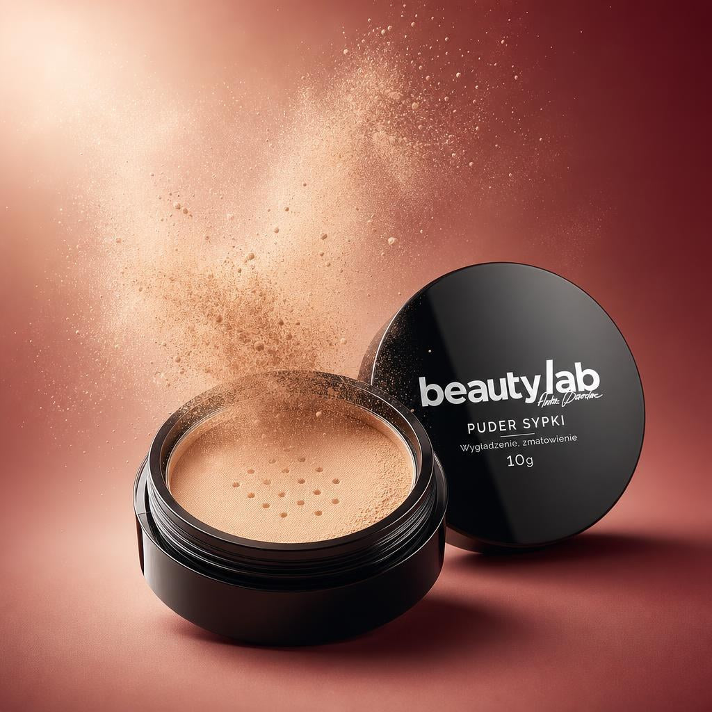 BeautyLab Puder Sypki — packshot studyjny z obłokiem pudru