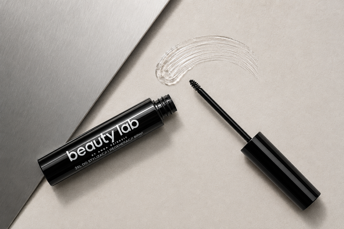 BeautyLab Żel do Stylizacji i Regeneracji Brwi — otwarte opakowanie i aplikator w ujęciu z góry, wizualizacja