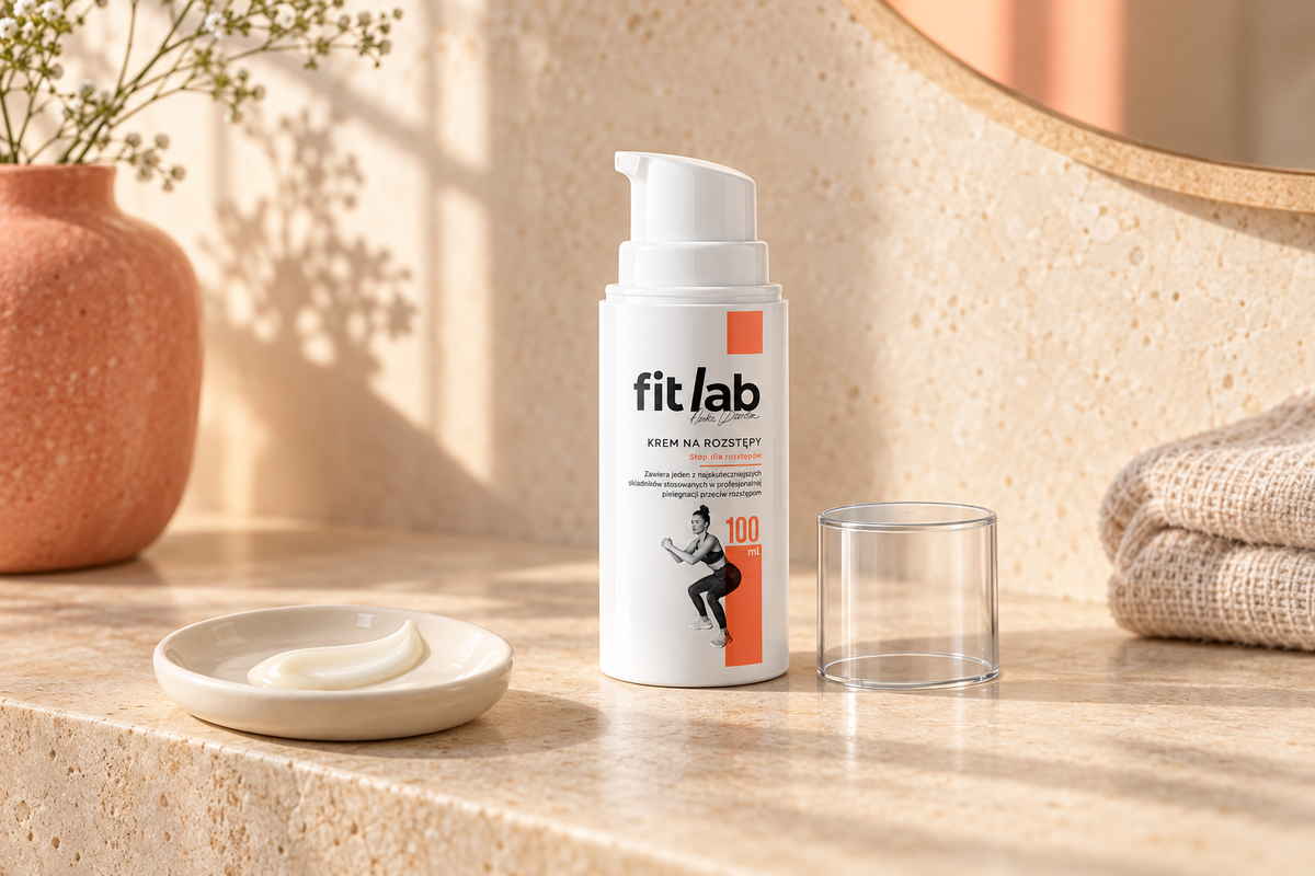 FitLab Krem na Rozstępy z odsłoniętą pompką i ilustracją konsystencji kremu — wizualizacja
